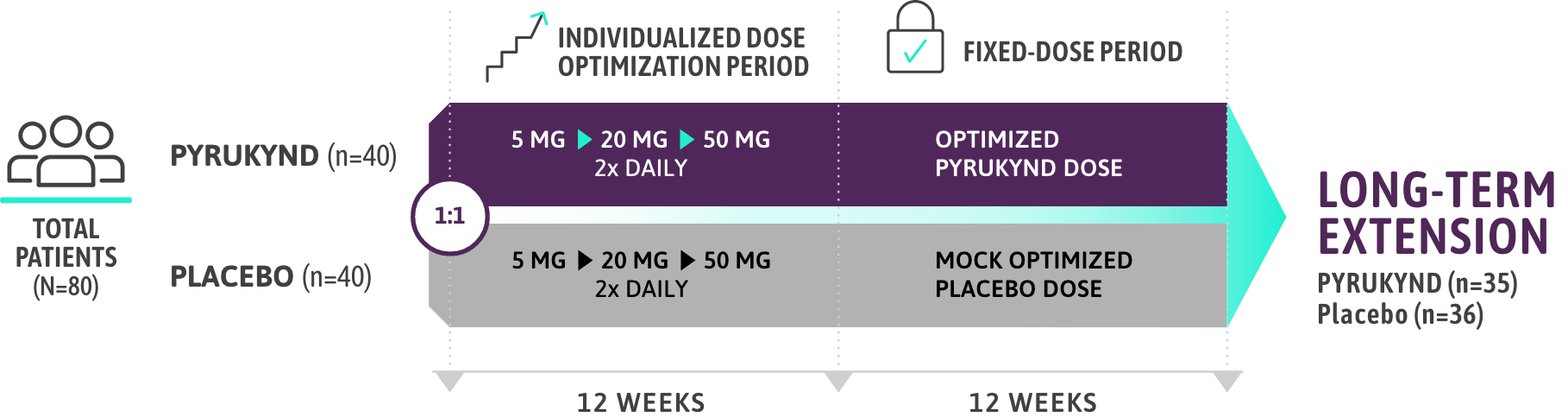 chart illustrating the ACTIVATE study design, from screening, to individualized dose optimization period, to fixed-dose period, ending with long-term extension