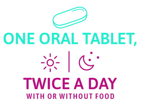 One oral tablet, twice a day, with or without food